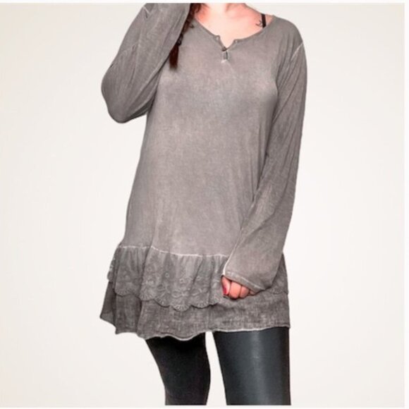 Boutique Taupe Lace Tiered Ruffle  Flowy Round neck Long Sleeve Tunic Dress - Picture 2 of 16